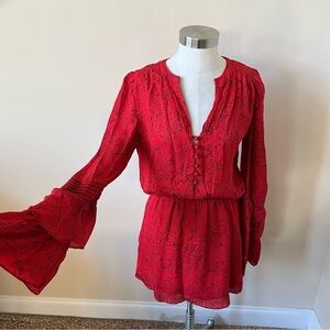 Parker 100% silk layered ruffle sleeve blouson dress red snake 26226